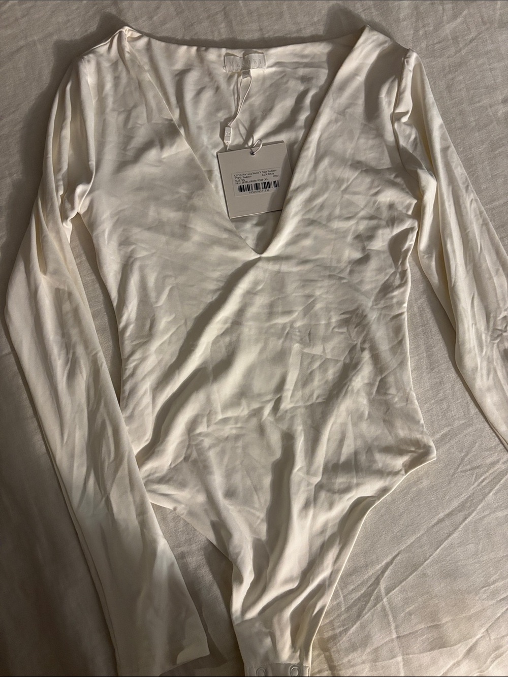 Meshki White/Ivory V-Neck Long Sleeve Bodysuit